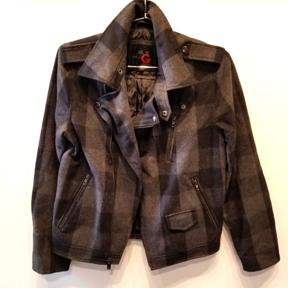 Guess Wool Bkend Check Zipper Jacket Warm‎ Lined Zip Gray Black Pockets Size S